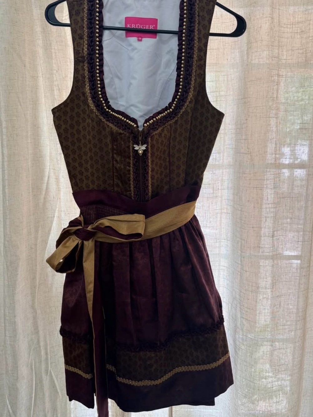 Kruger Brown & Gold Dirndl-Style Midi Dress with Sash Oktoberfest